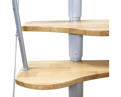 Pertura middentrap, ruimtebesparende trap Vaia, parelgrijs, variabel, kwartslag, links/rechts onder, recht, 64 cm, balustrade, eiken gelamineerd hout, gelakt, 11 treden / 12 stootborden