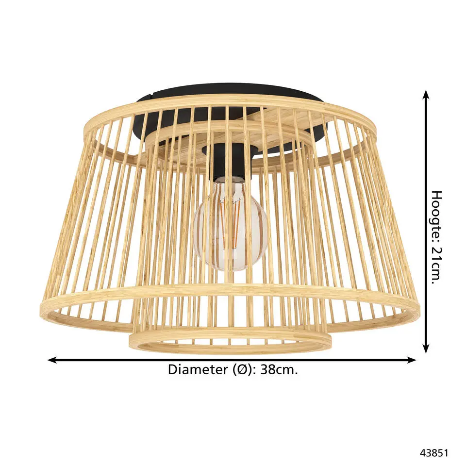 EGLO Hykeham Plafondlamp - E27 - Ø 38 cm - Zwart/Hout