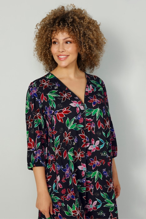 Midikleid, Alloverdruck, V-Ausschnitt, Zipper, 3/4-Ärmel