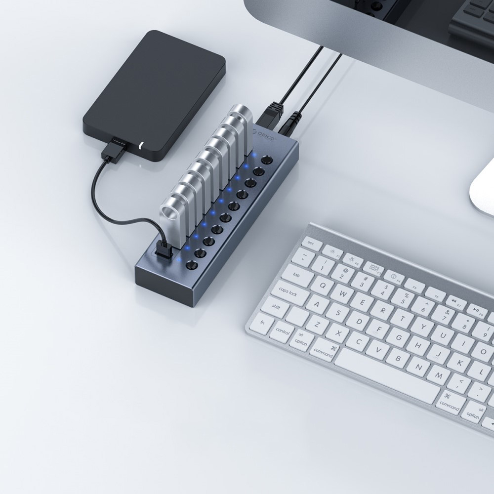 (28cm) 16-fach USB 3.0 Hub Aluminium Adapter mit USB Port Steuerung Tastenschalter 5GB/s   Netzteil (12V/5A) - Grau