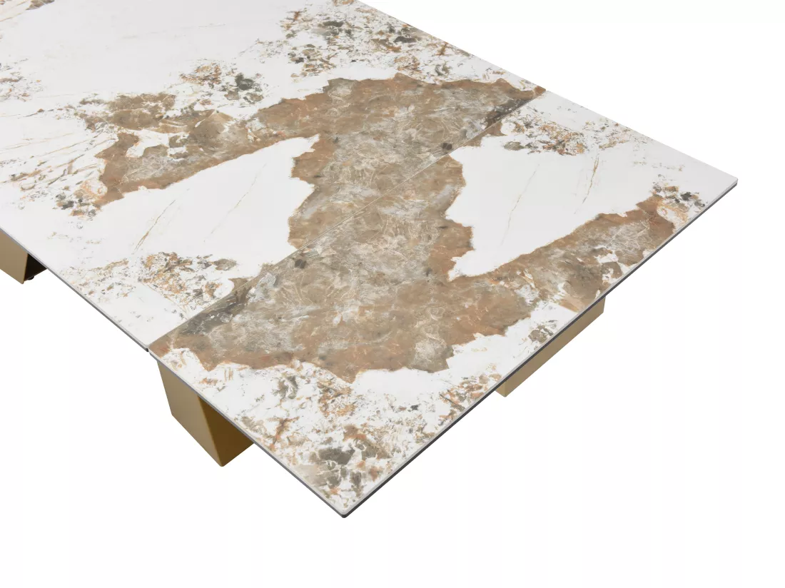 Table à manger extensible 6 à 10 personnes en verre trempé, céramique et métal doré - Effet marbre blanc et taupe - LOZIPA de Maison Céphy