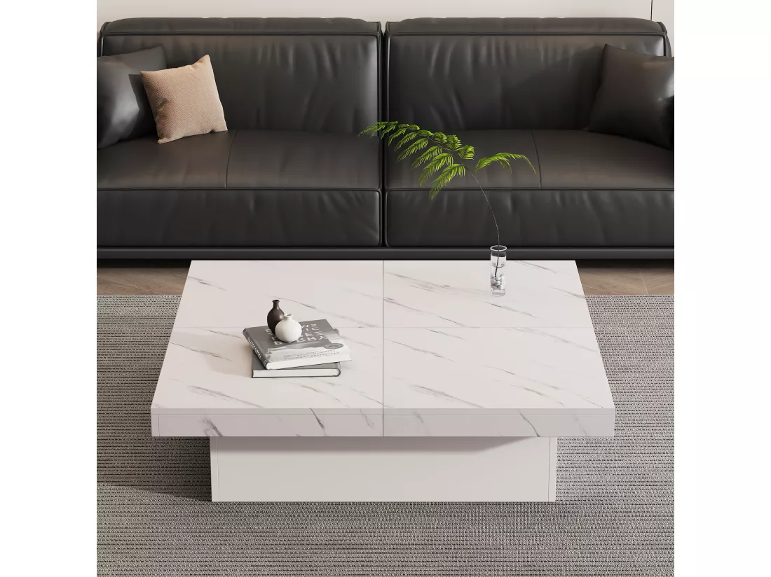 Table basse carrée moderne blanche effet marbre 4 tiroirs plateau coulissant 90x90x25cm Khekried