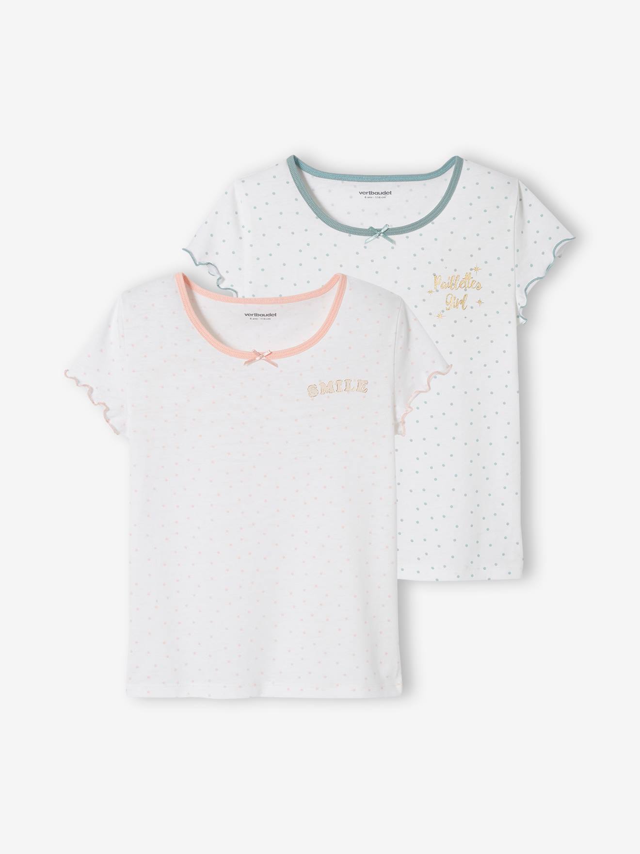Conjunto de 2 camisetas de manga curta com babados, estampa branca clara para meninas.