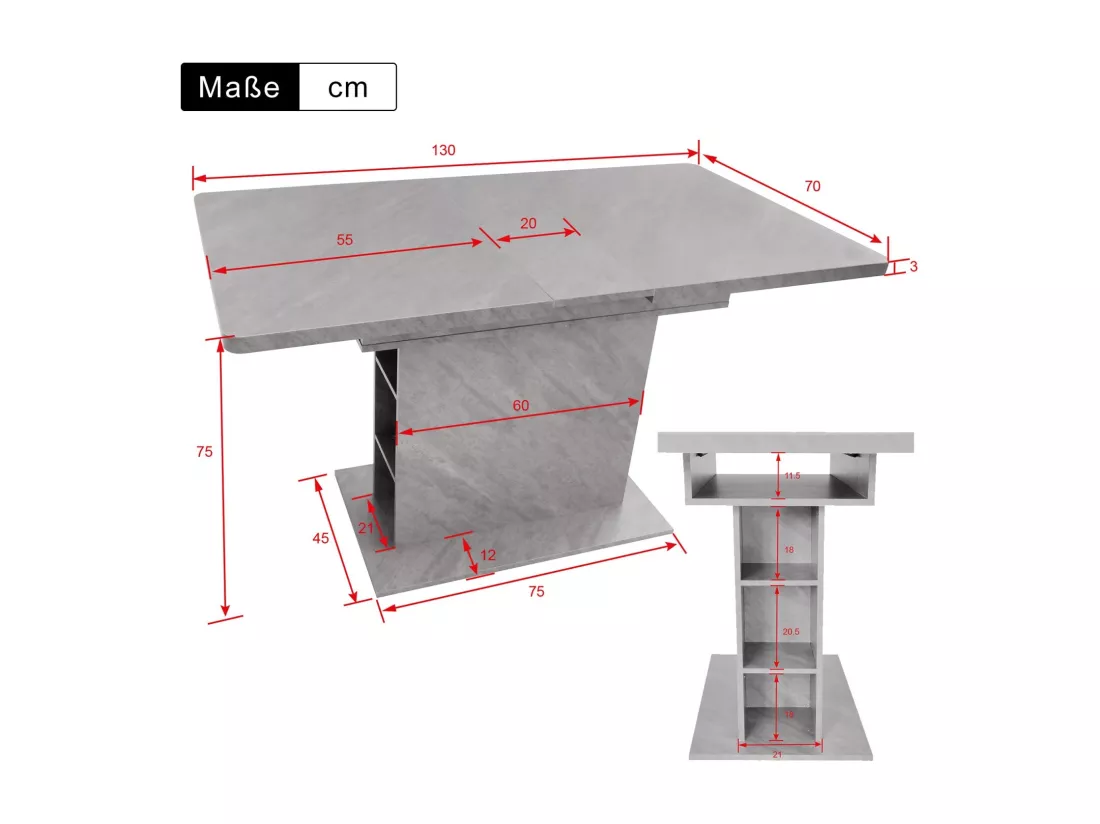 Table à manger extensible - 6 à 8 personnes - avec 6 niches - Effet béton gris - panneaux de particules - 110/130x70cm