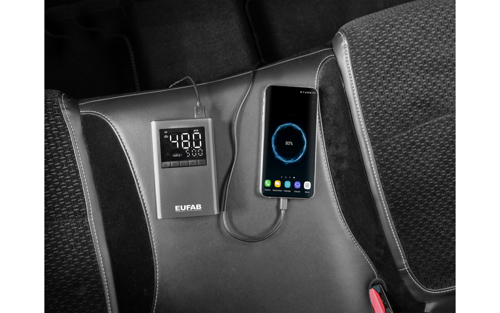 Eufab batteriebetriebener Mini Kompressor mit integrierter Powerbank 800 mAh