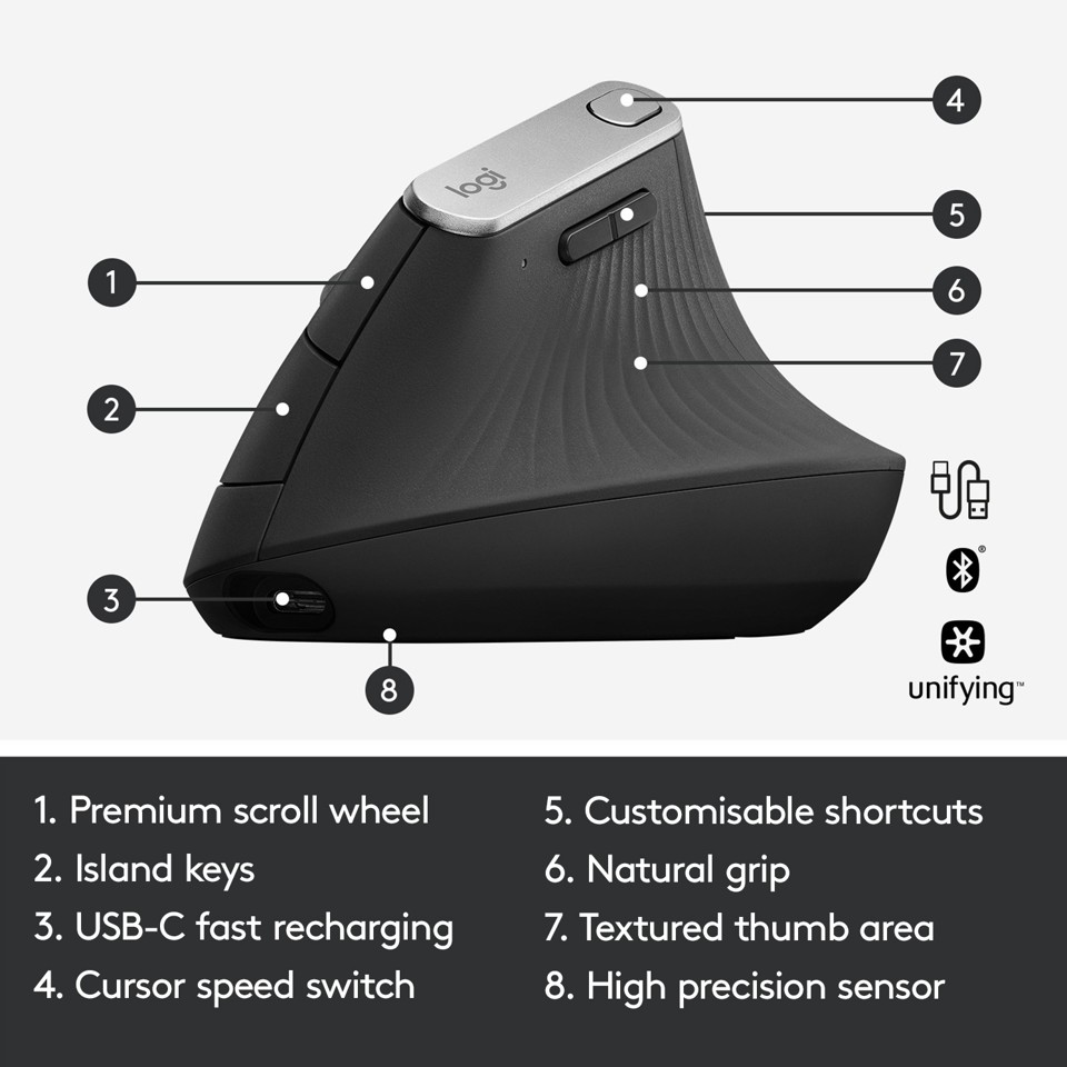 Logitech - MX Vertical Advanced Ergonomisk Mus Grafit