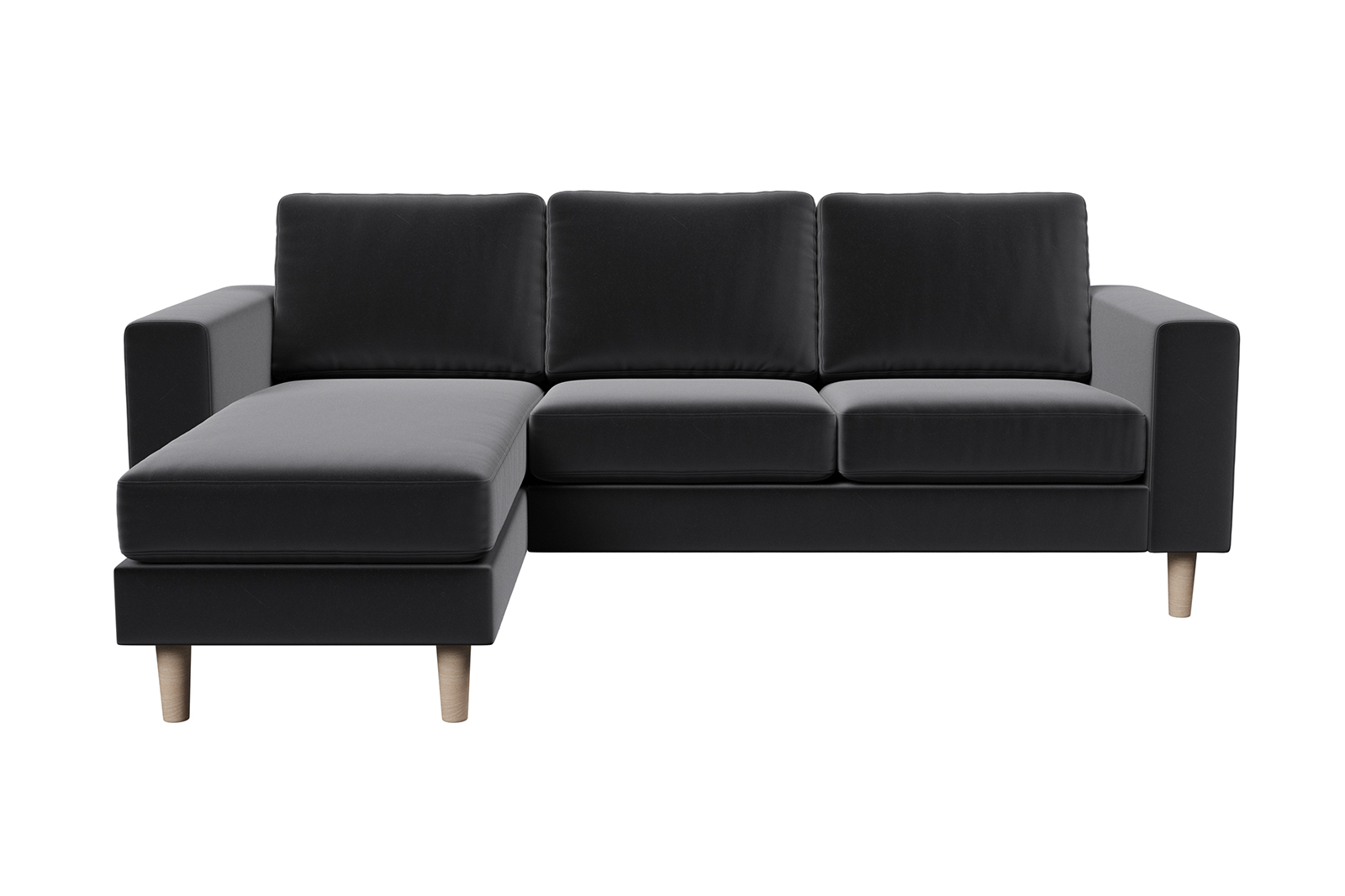 Hedda sjeselongsofa 3-seter med vendbar sjeselong i tekstil Matt Velvet Black med arm F 18 cm og ben nr 1 i hvitoljet eik