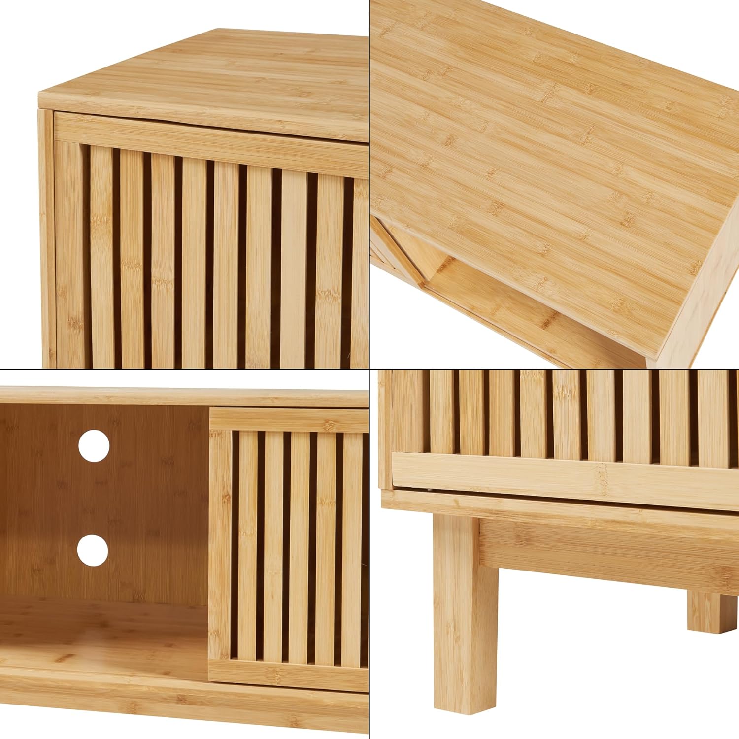 [en.casa] TV Schrank Ypäjä Lowboard mit 2 Schiebetüren und 3 Ablagefächern Fernsehschrank 150 x 42 x 50 cm TV Board TV Kommode Fernsehtisch Bambus Natur