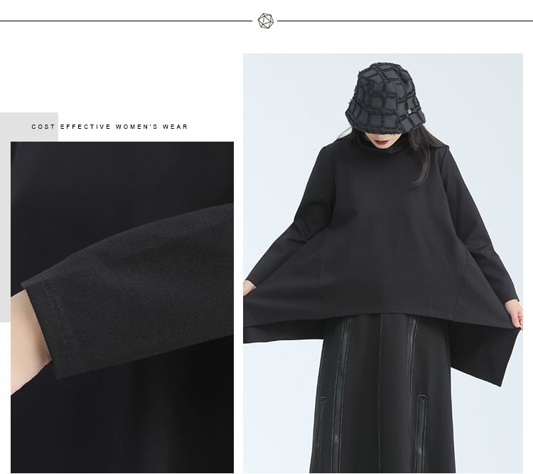 SIMPLE BLACK - Lange mouwen, mockneck, effen, asymmetrisch, oversized T-shirt