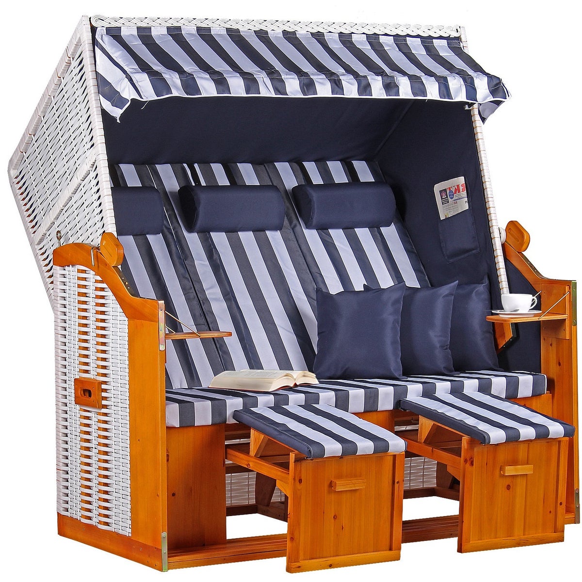 Baltische driezits strandstoel, PE wit, blauw en wit design
