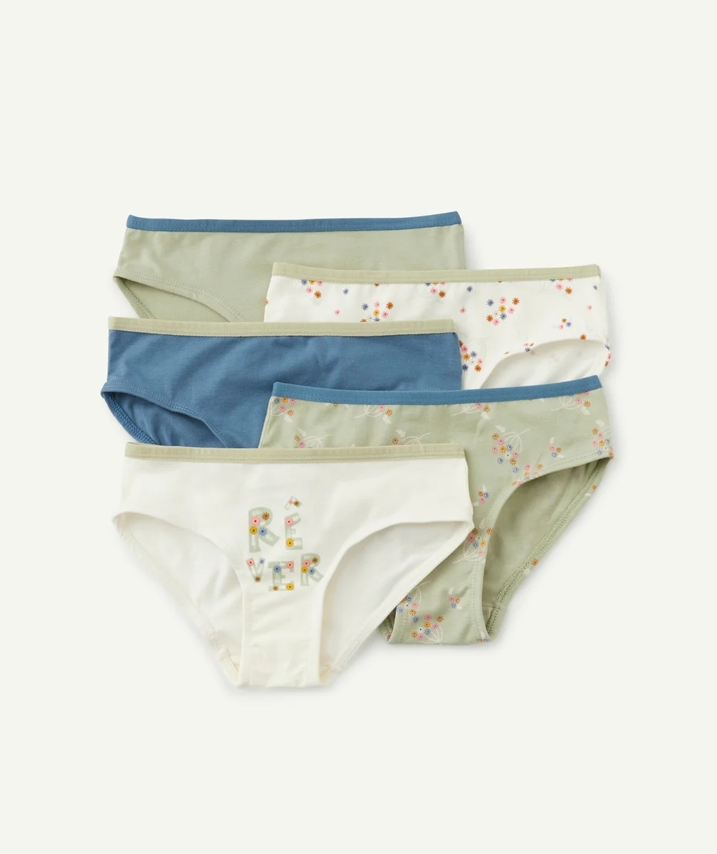 LOT DE 5 CULOTTES EN COTON BIO MOTIFS FLEURI VERT ET ÉCRU