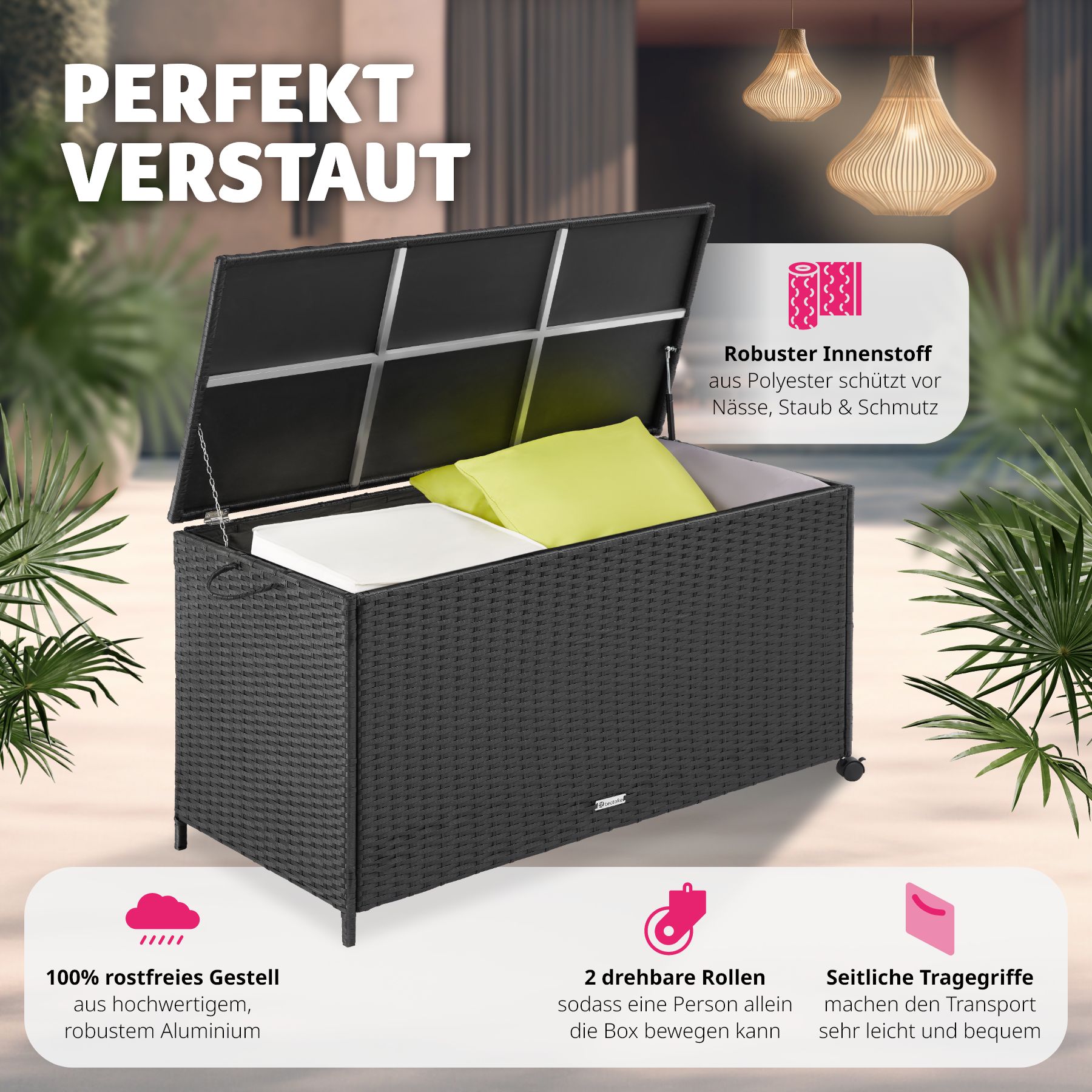 tectake® Auflagenbox, mit Aluminiumgestell und Rattangeflecht, komfortable Hubautomatik, 117 x 54 x 64 cm