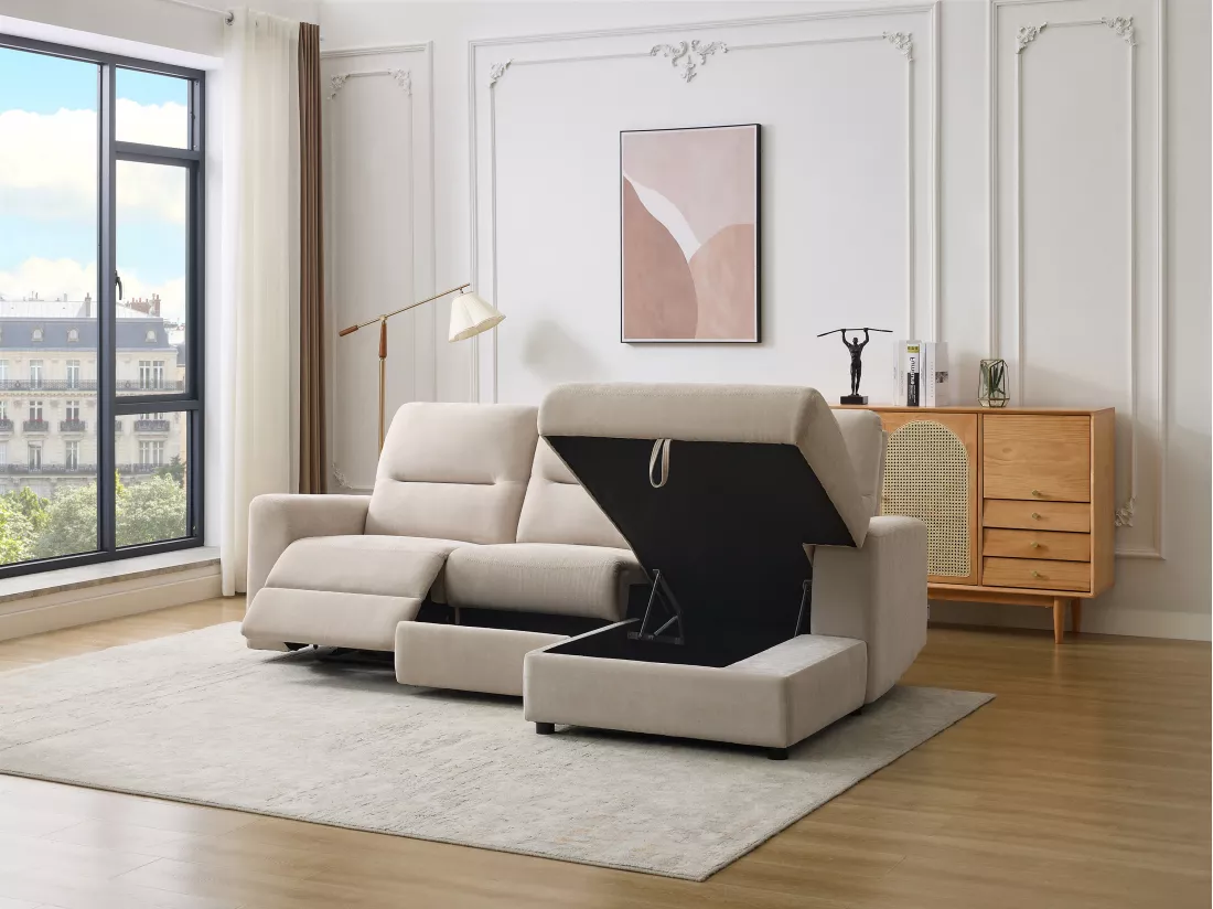 Canapé d'angle droit relax électrique avec rangements en tissu beige BURIOCA
