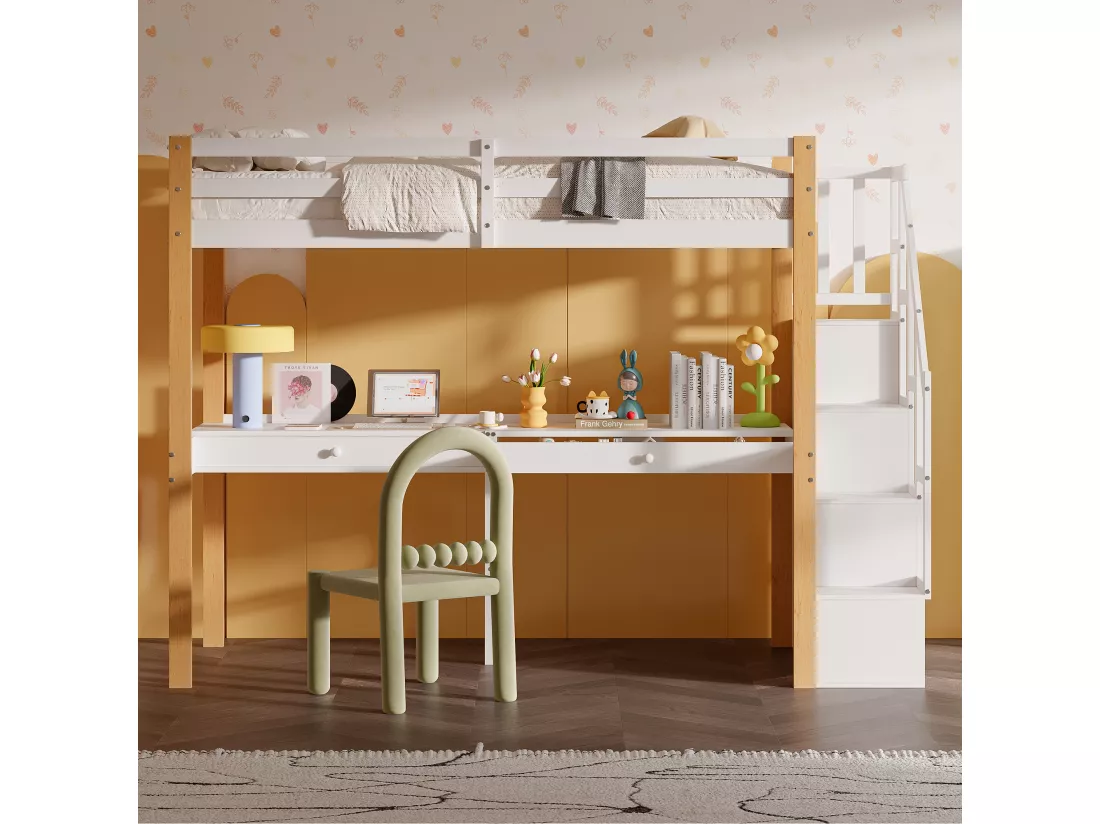 it superposé 90 x 200,lit mezzanine avec bureau,lit enfant avec escalier de rangement, garde-corps de sécurité,Blanc