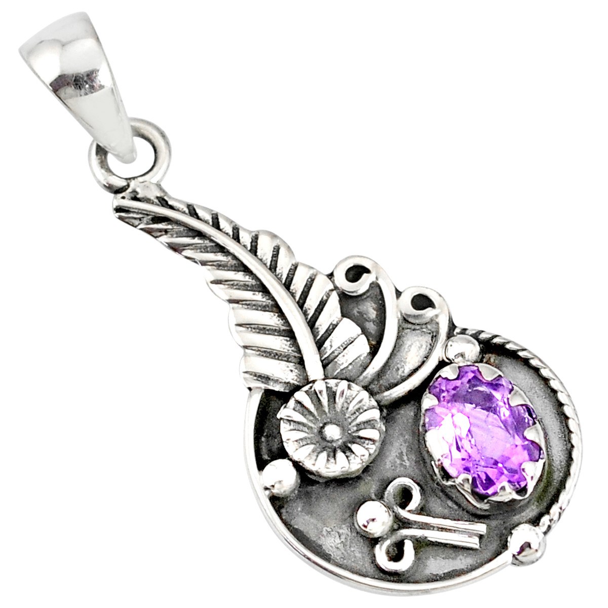 Pendentif en argent gemme améthyste plume et fleur 3cm gxi309