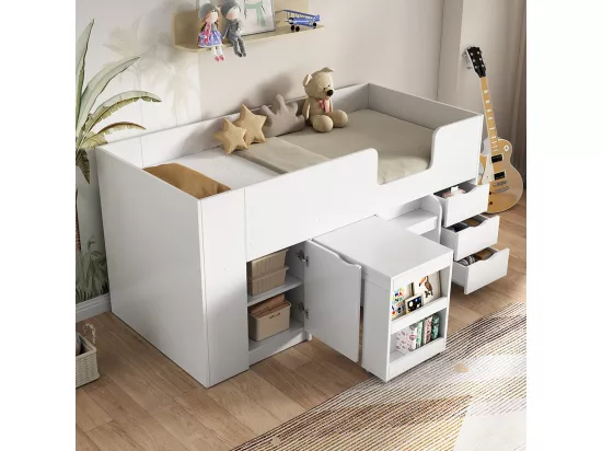 Lit en mezzanine, 90*200 Lit d'enfant avec échelle, bureau, armoire amovible, tiroirs, blanc