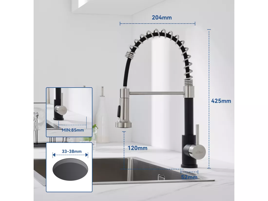 Mitigeur de Cuisine Noir à Ressort avec Douchette Extensible, Robinet Évier Rotatif à 360° avec 2 Modes,Froid & Chaud Disponible