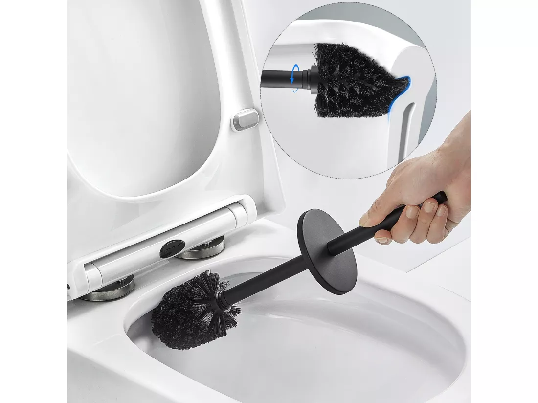 Brosse Toilettes WC Suspendu Noir avec Support Brosse Balai Toilette Acier INOX à Manche Long Brosse Toilette Antibactérienne avec Support,EU Modèle