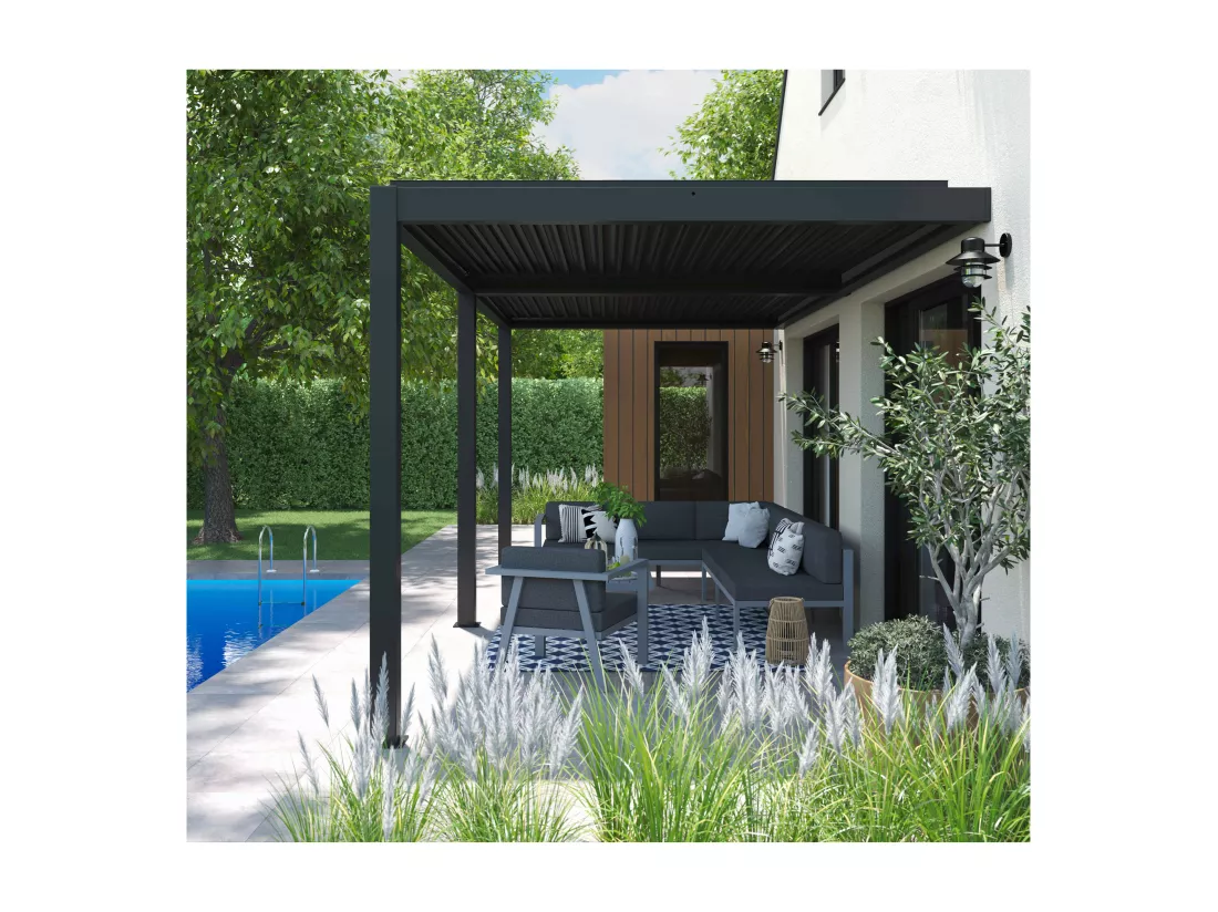 Pergola bioclimatique adossée 3x6m et 4 Stores 2,66 x 2,34m