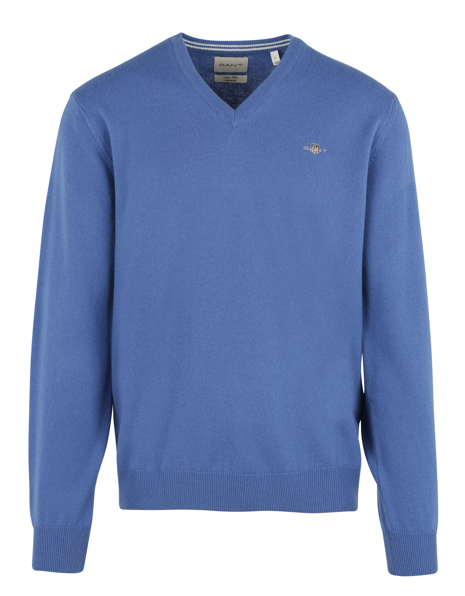 Pull droit col V brodé en laine | Bleu