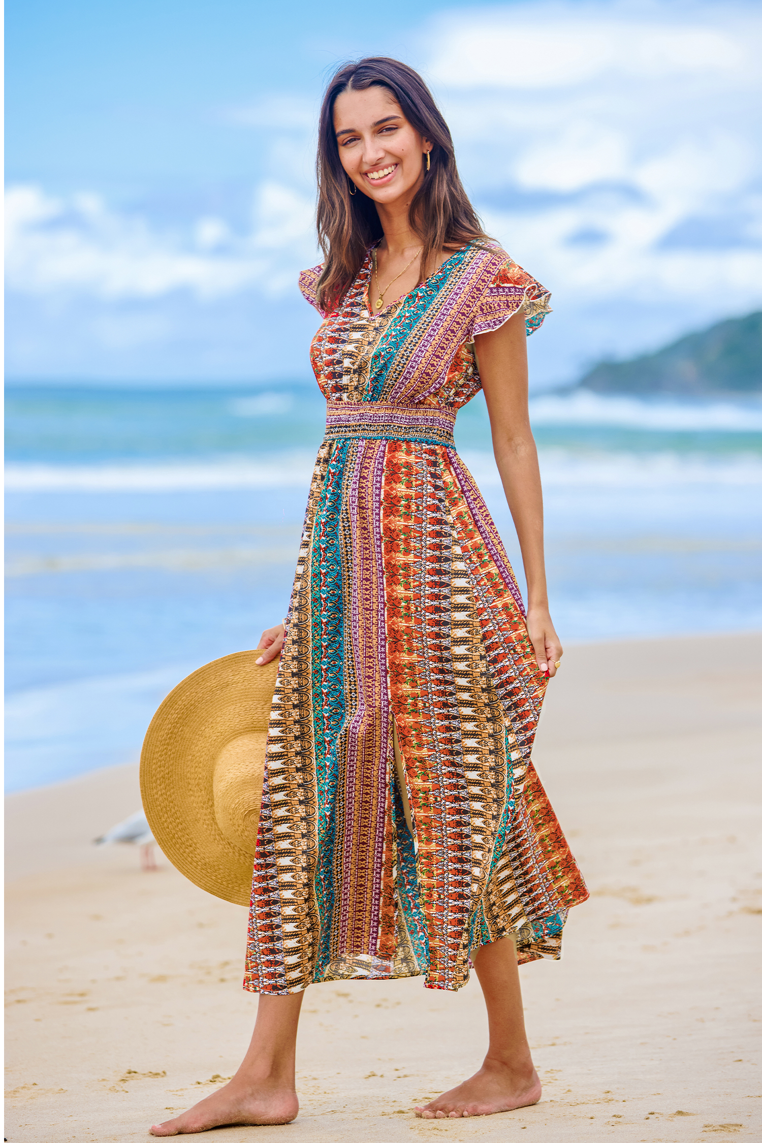 Robe maxi à col en V et manches à volants boho