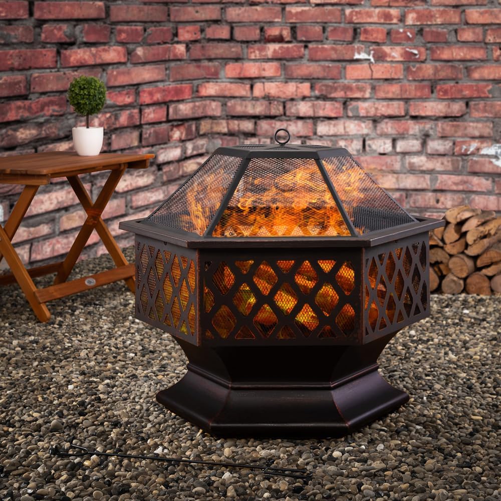 GARDEBRUK® Feuerschale mit Funkenschutz Schürhaken Abdeckung 70cm Eckig Antik Schwarz Terrasse Garten Feuerstelle Feuerkorb Kamin Ofen Holz Grill