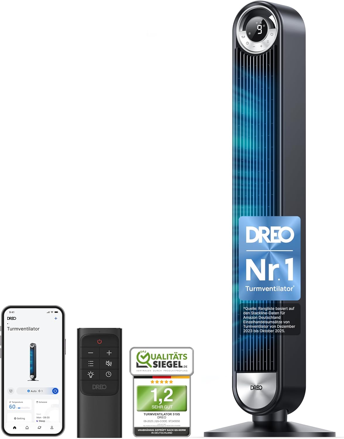 Dreo Smart Leiser Turmventilator mit Kühlung, 106cm WiFi Alexa Tower Fan, 90° oszillierender Ventilator, Fernbedienung 9-Geschwindigkeit 4 Modi 12 Std Timer Sprachsteuerung, Cruiser Pro T2S, Schwarz