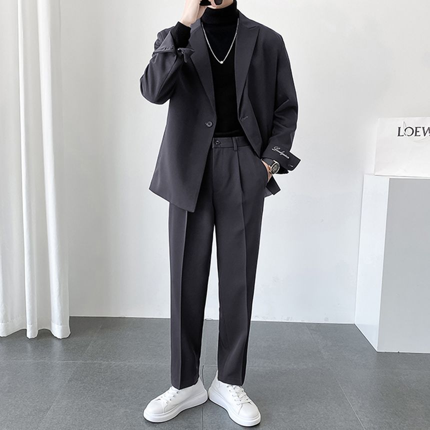 DragonRoad - Set: effen enkelrijs blazer met piekrevers + rechte, cropped pantalon met middelhoge taille