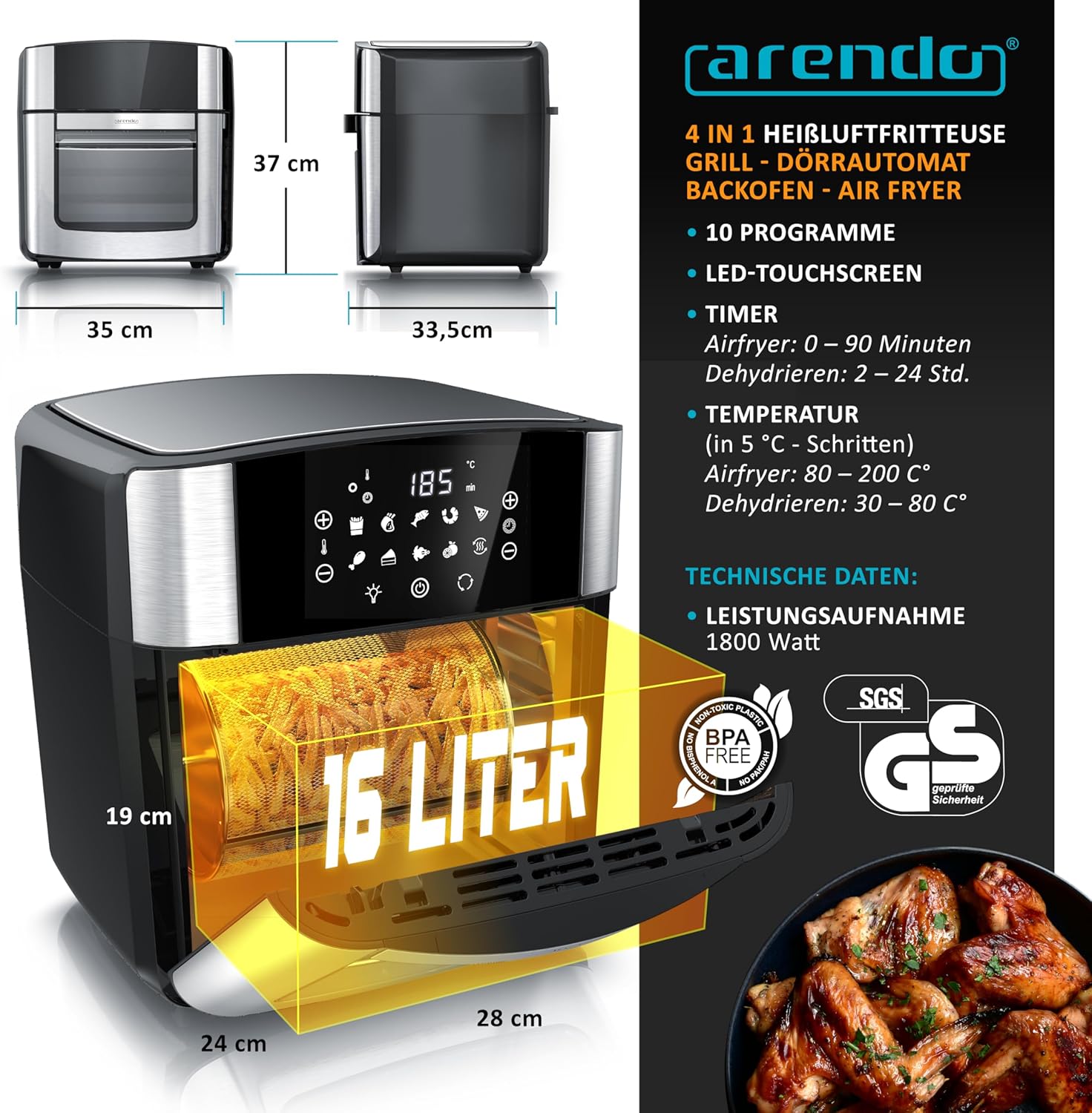 Arendo - XXL Heißluftfritteuse 16 Liter - Grill - Dörrautomat - Backofen - Air Fryer - Touchscreen - Easy&Clean - Fritteuse ohne Öl - Umluft - Pizza Hähnchen Pommes - BPA frei - schwarz