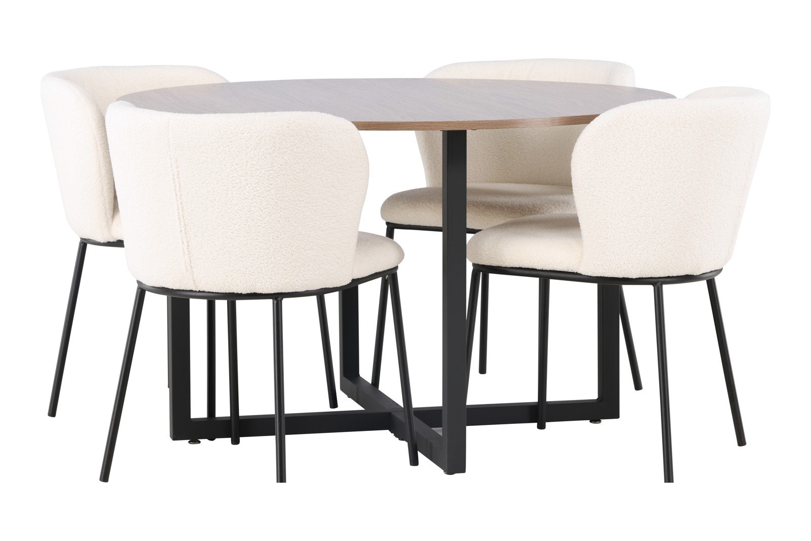 Durango og Edina Spisegruppe Durango rundt spisebord Ø120cm i valnøtt og sorte ben med 4 stk. Edina spisestoler i White bouclé og sorte ben.