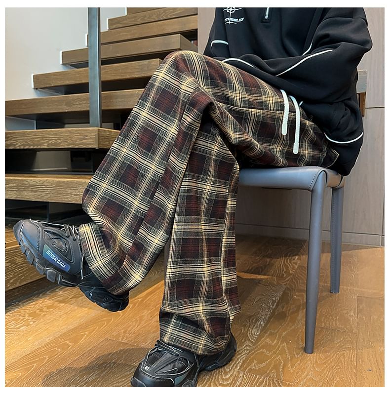 Obikan - Geruite fleece-gevoerde rechte broek met trekkoord in de taille