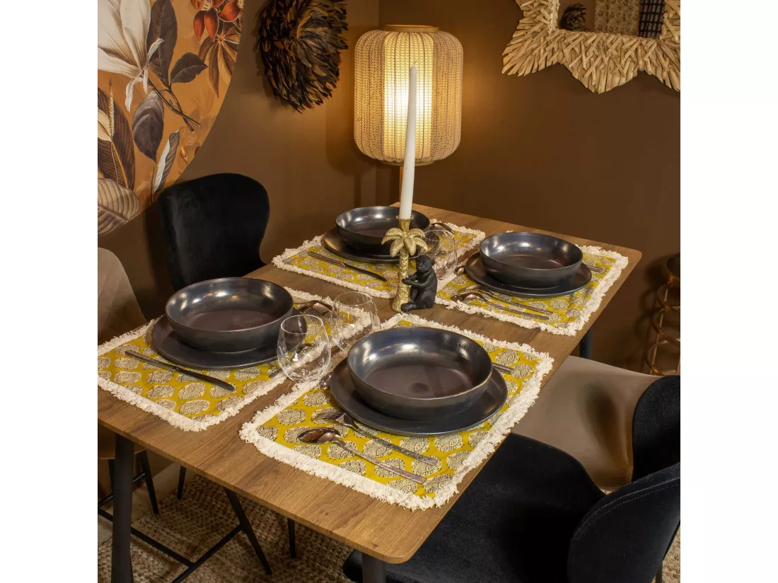 Now's Home - Lot 4 Sets De Table En Coton Jaune Moutarde + Franges 43x28cm Catane