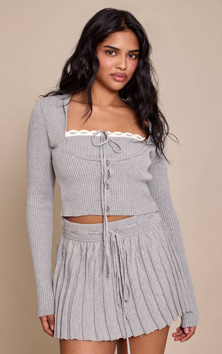 Gris Cendré Jupe Mini Plissée En Maille Avec Détail Noué Petite