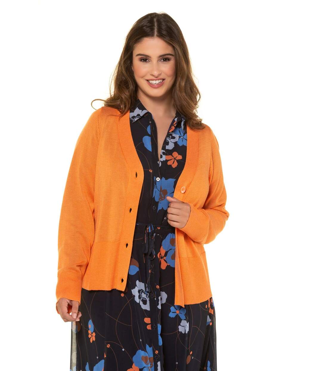 ULLA POPKEN Cardigan forme courte près du corps décolleté en V orange