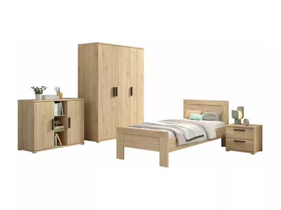 MARCO - Chambre Enfant Complète Lit 90x200cm Chevet Armoire 3P et Commode Aspect Chêne