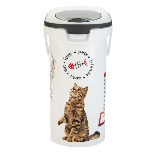 Recipiente branco para armazenar ração de gato com alça.