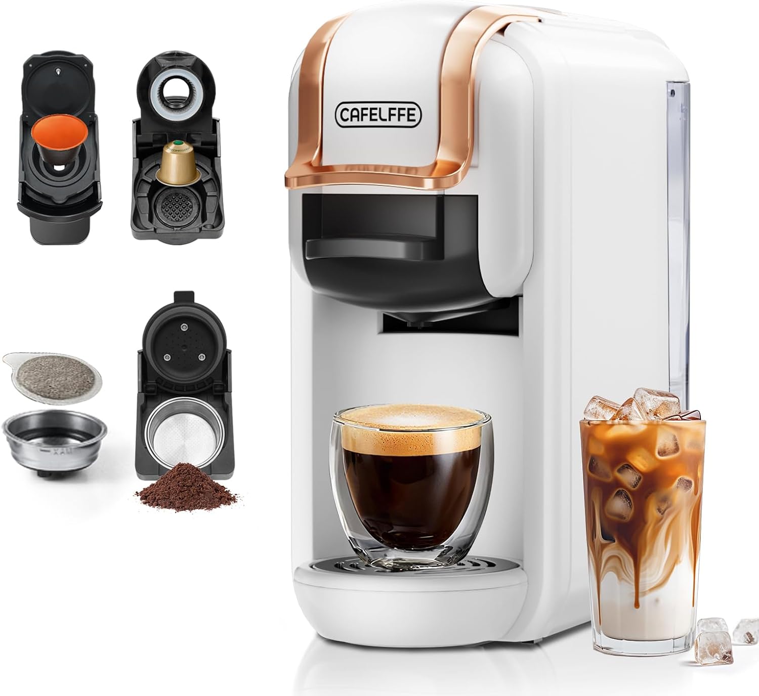 CAFELFFE 4-in-1-Kapsel kaffeemaschine MK603, Heiß-/Kaltbrüh, 19 Bar, für Nec* Original-, DG*-, ESE-Pads und Kaffeepulver, Erp2-Energiesparmodell, 0,6-l-Wassertank, geeignet für die Familie, weiß