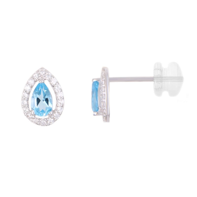 Boucles d'Oreilles Or Blanc Topaze Goutte et Zirconium