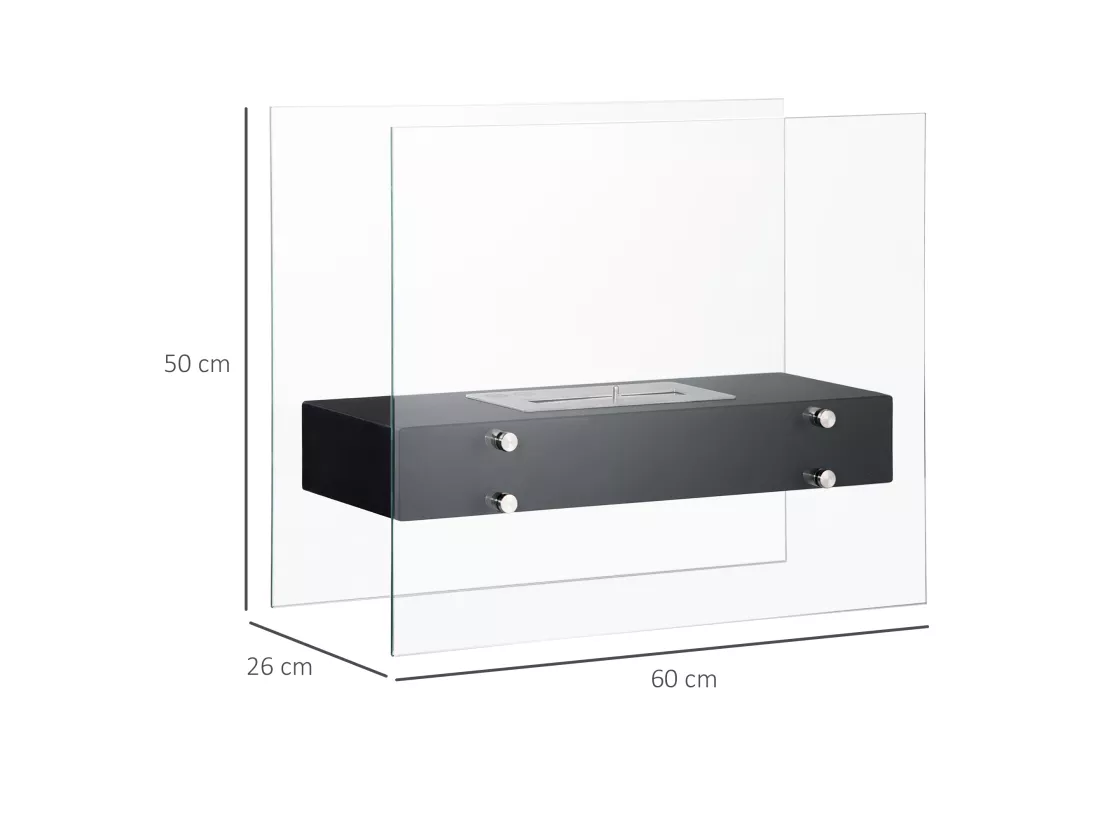 Cheminée à poser bioéthanol en métal et verre trempé avec réservoir 1,5 L couverture 25 m² - dim. 60L x 26l x 50H cm