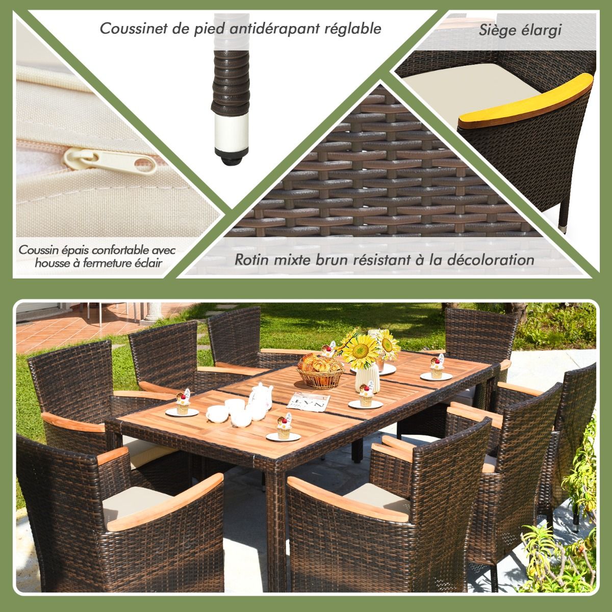 Salon de Jardin en Rotin 9 Pièces pour 8 Personnes Plateau de Table en Acacia Ensemble de Salle à Manger avec Coussins Amovibles Charge 160KG - Lidl-Manfred