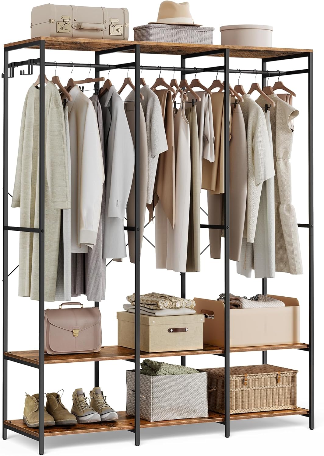 SONGMICS Kleiderschrank offen, Kleiderständer, Garderobenständer, Garderobe mit Kleiderstange, Ablagen, abnehmbare Haken, 40 x 141 x 180 cm, vintagebraun RGR005B01 CJ4740635