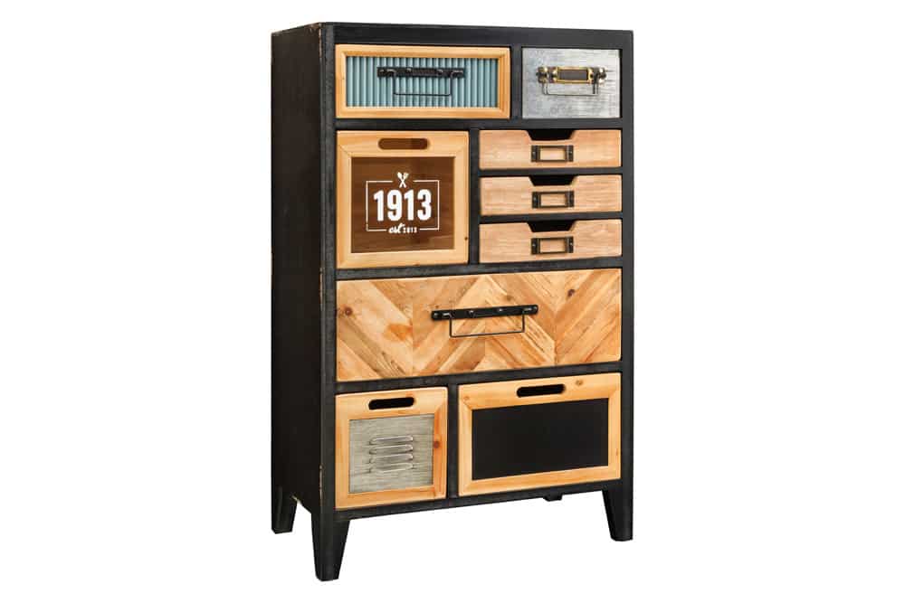 Industrial Schubladenschrank SECRETS 95cm natur braun schwarz Metall Pinienholz Kommode