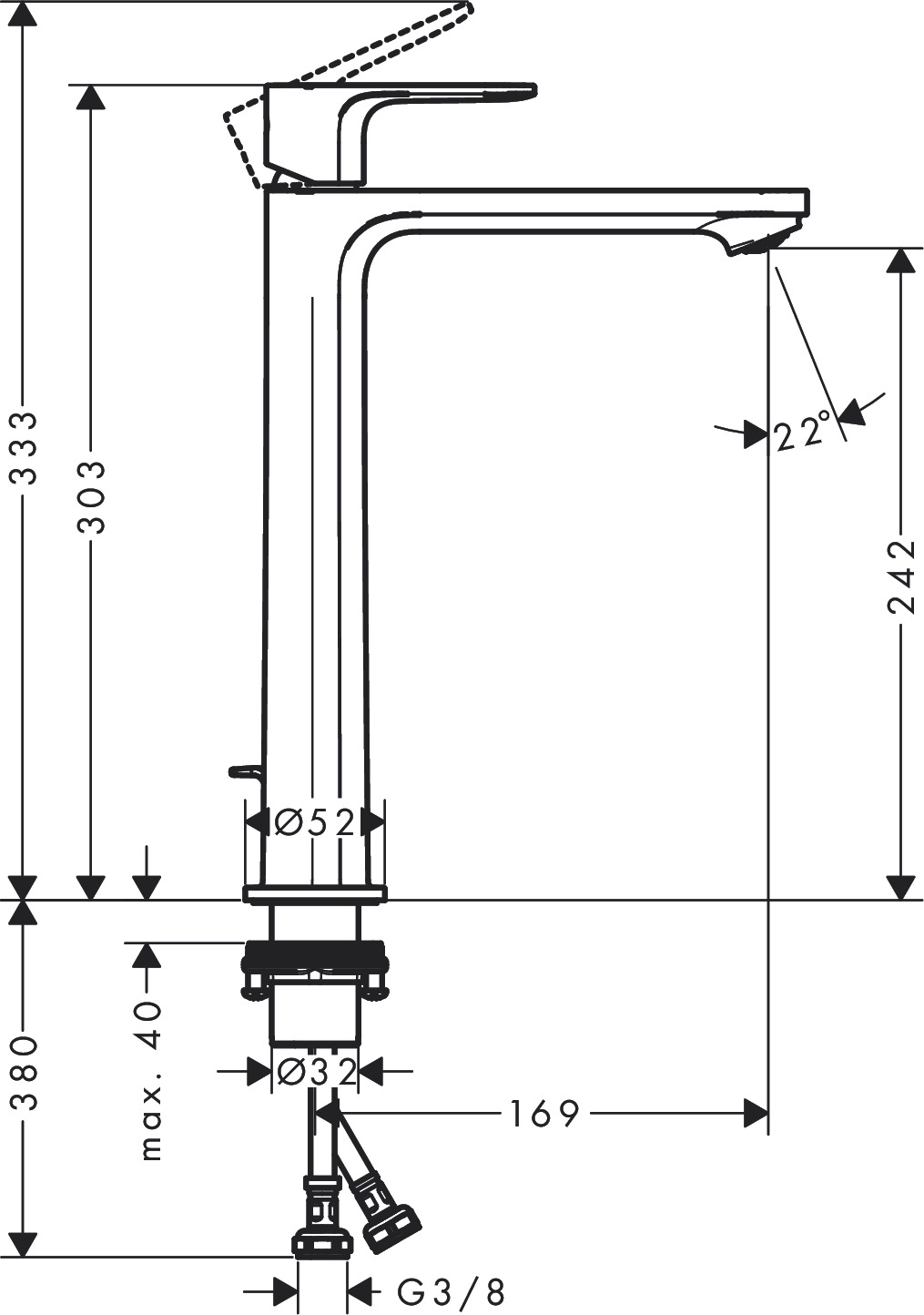 Hansgrohe Rebris S wastafelkraan 240 CoolStart met synthetische afvoer chroom