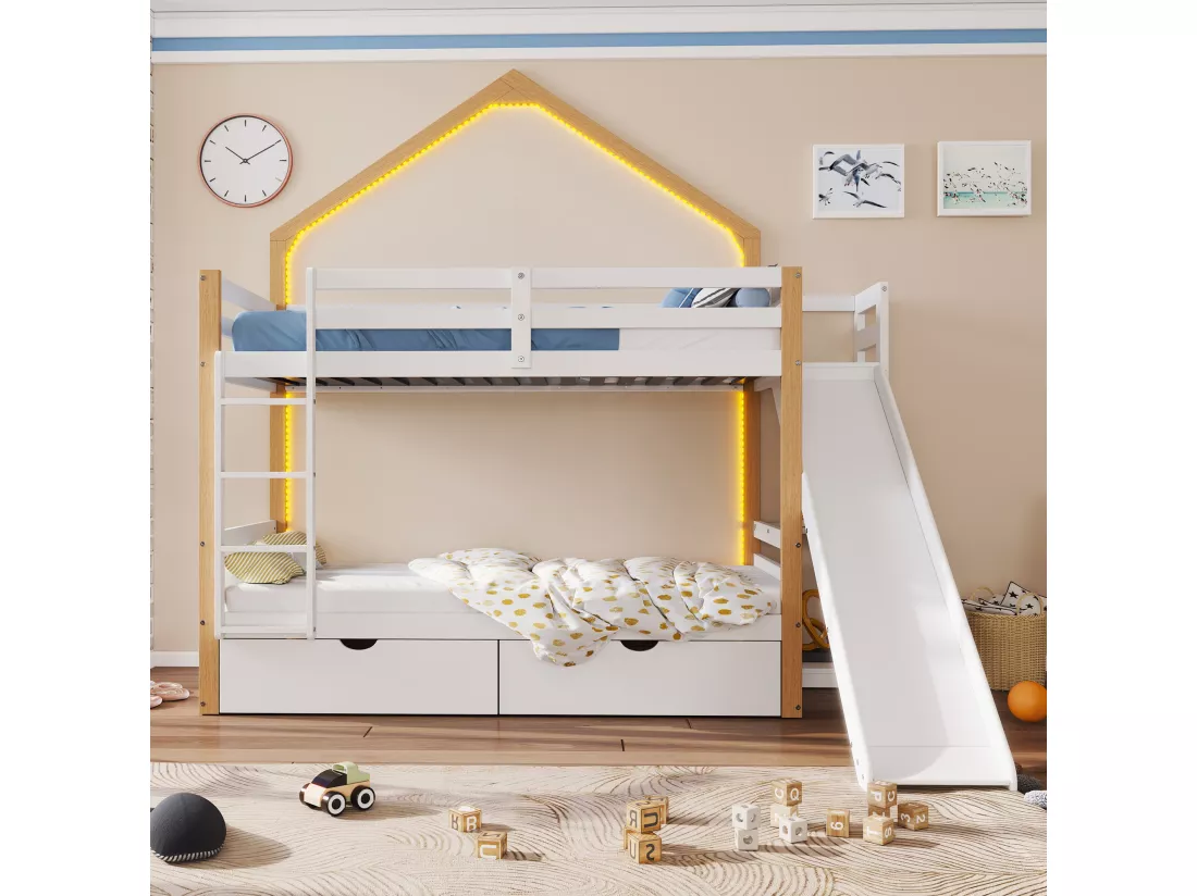 Lit superposé 2 x 90 x 200 cm avec 2 tiroirs, toboggan etétagères de rangement - pin + MDF - blanc+naturel (sans matelas)