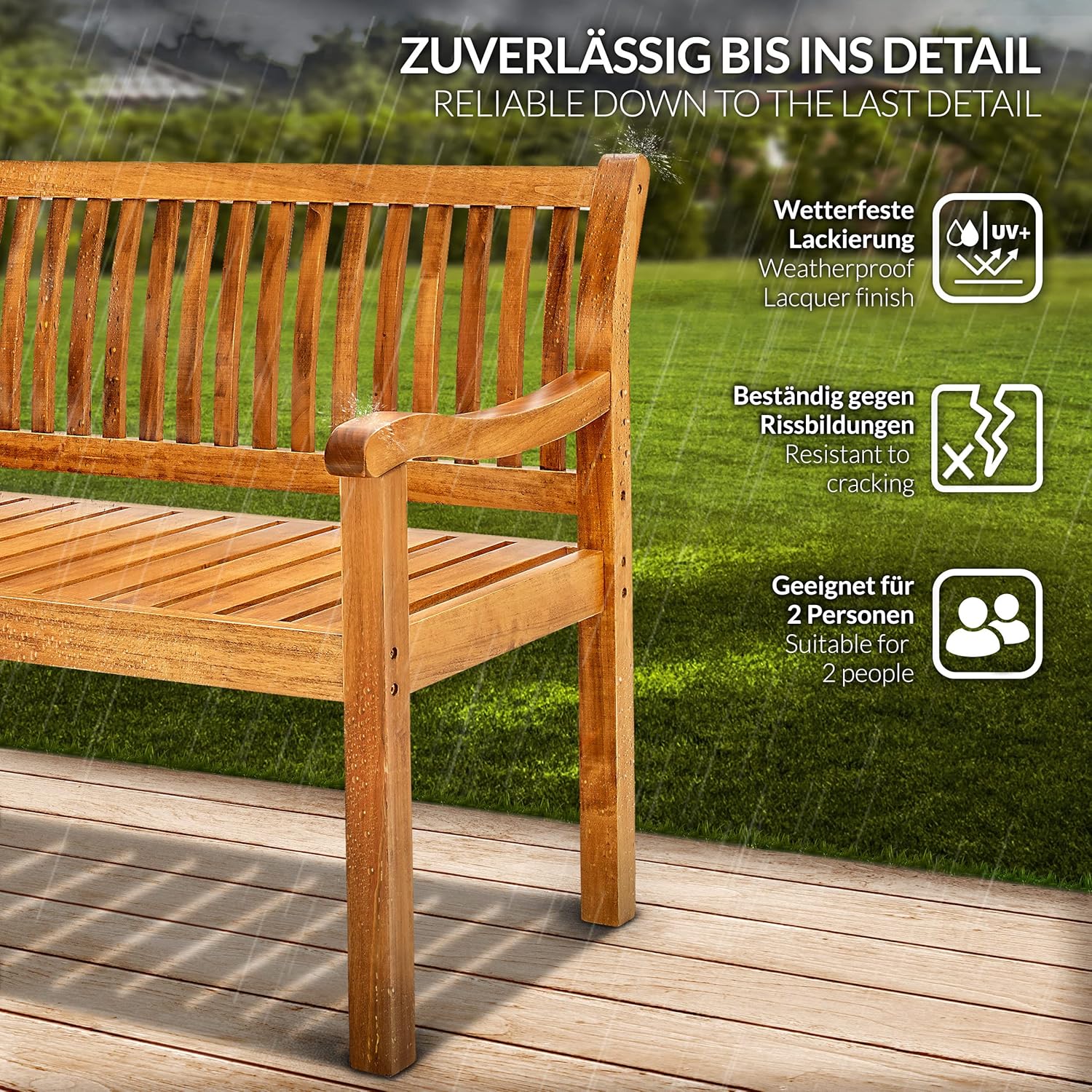 tillvex Gartenbank Holz 3-4 Sitzer inkl. Abdeckung wetterfest 150 cm | Parkbank Massivholz | Balkonbank Sitzbank 320 kg belastbar | Holzbank Gartenmöbel für Balkon, Terrasse & Garten