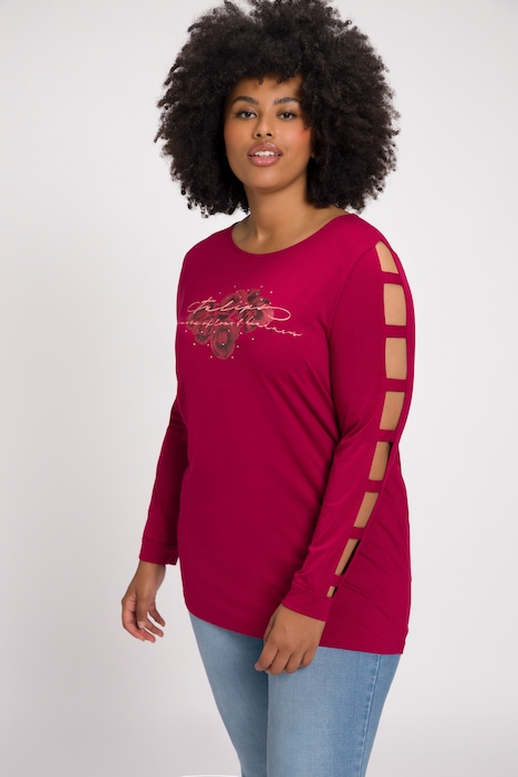 Shirt, Tulpen, Ziersteine, U-Boot-Ausschnitt, Langarm
