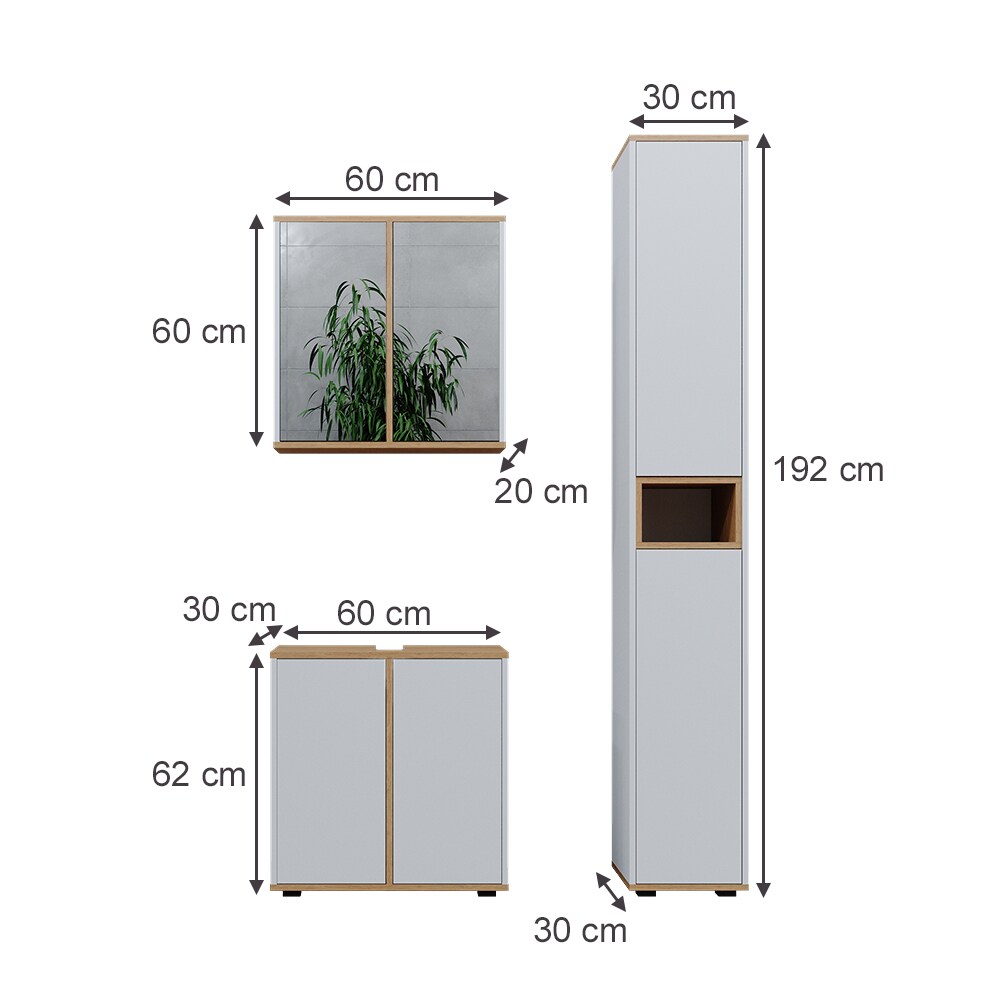 Vicco Badmöbel-Set Didi Weiß Eiche 3 Teile mit Hochschrank
