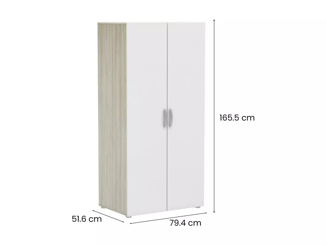 Garde-robe 2 portes Dfreita, Meubles de chambre, Penderie de plain-pied, Placard à vêtements, 79x52 h166 cm, Chêne clair et Blanc mat