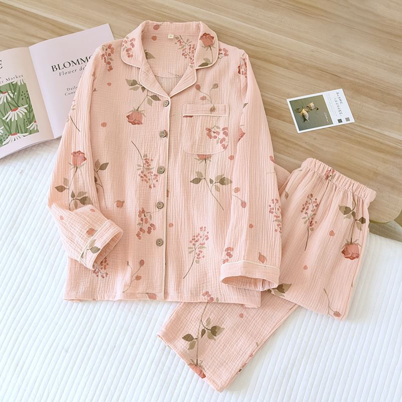 MelMount - Pyjamaset: overhemd met lange mouwen en bloemenprint + broek