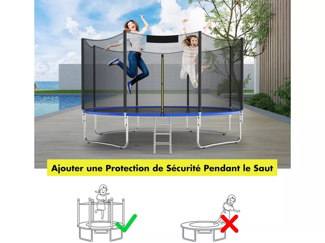 Filet de Sécurité pour Trampoline 488 cm Porte à Glissière Double et Boucles de Protection, Filet de Remplacement pour Trampolines pour 6 Poteaux Intérieur/Extérieur Barre de support non incluse